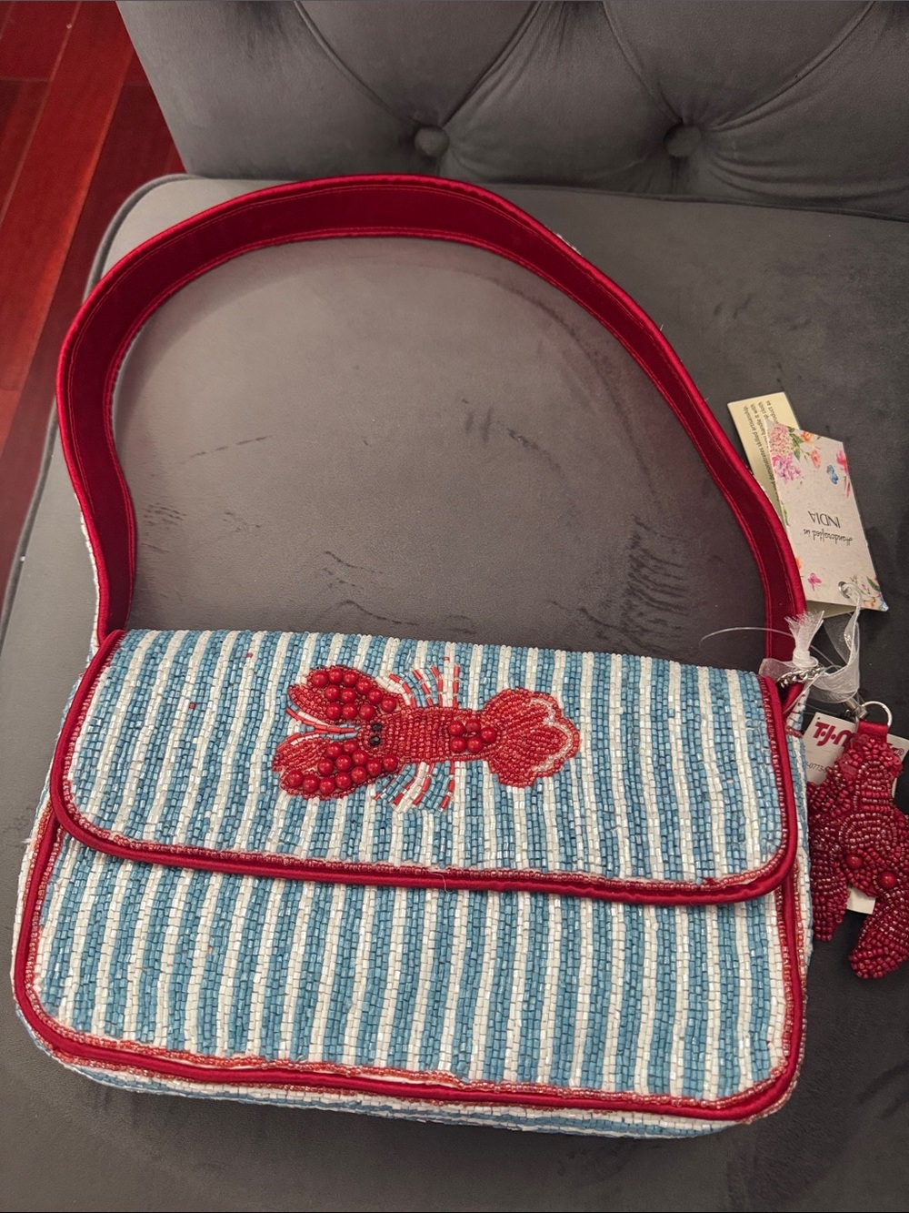 Beaded Lobster Accent Blue & Red Shoulder Bag